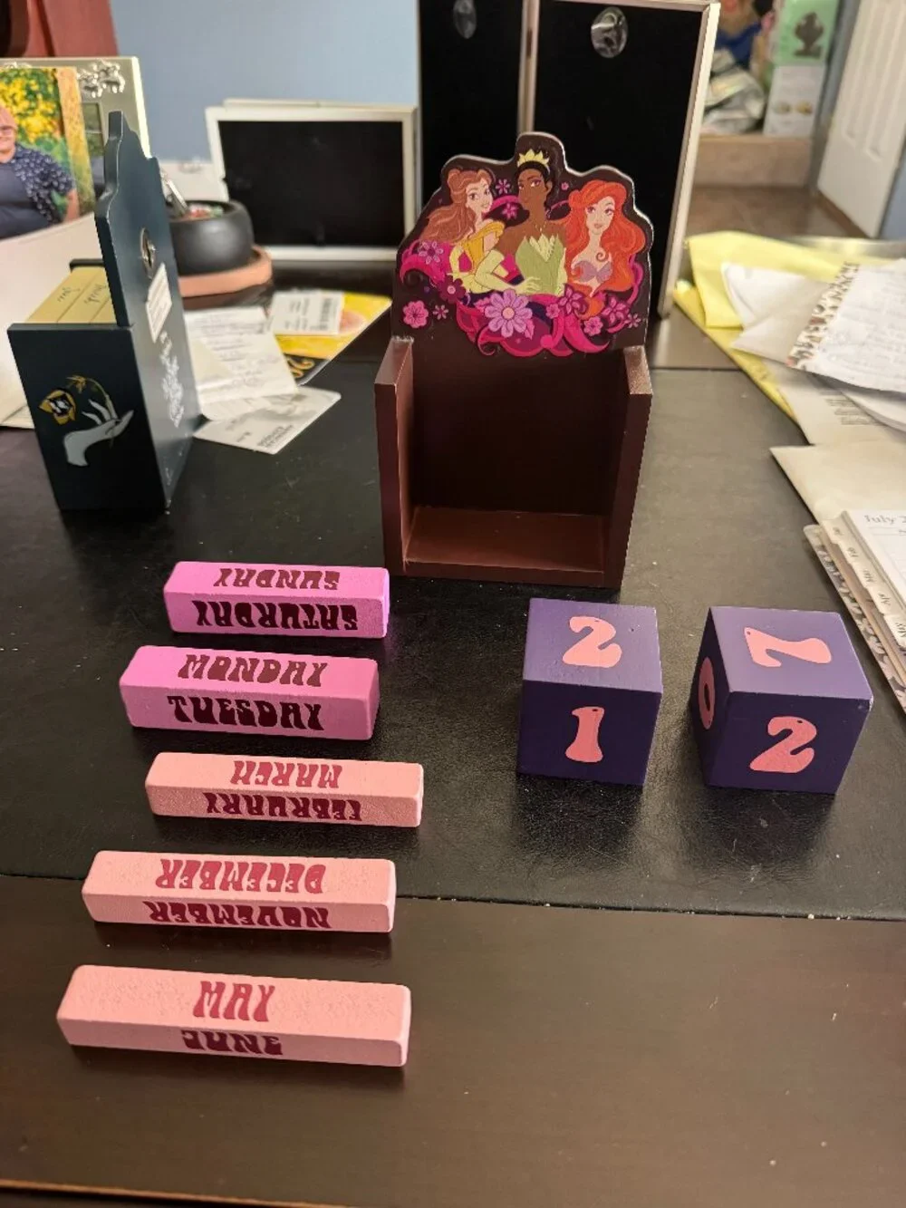Disney Princesses Perpetual Block Calendar Neon Style MDF Wood 2022 EUC
